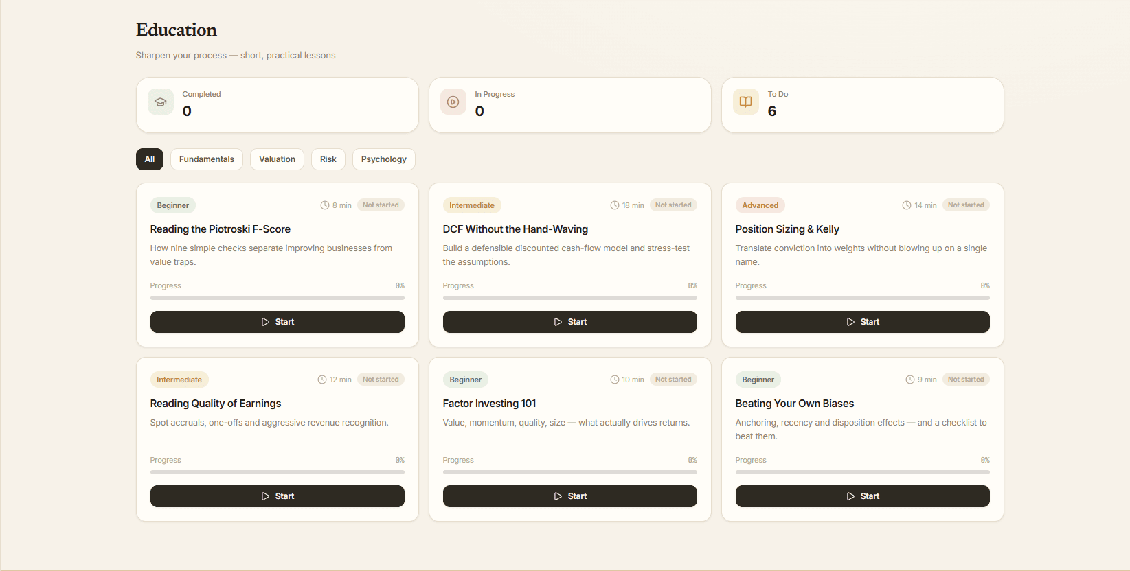 Education — bite-sized lessons by level and category