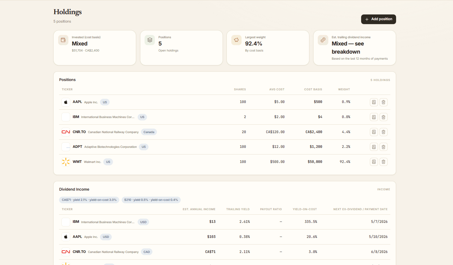 Portfolio — holdings, allocation and performance tracking