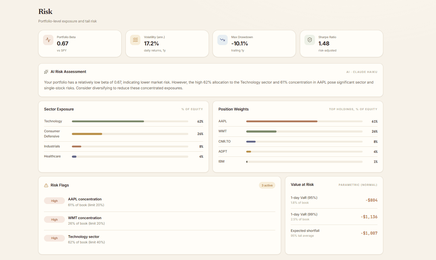 Risk analytics — VaR, concentration and correlation flags