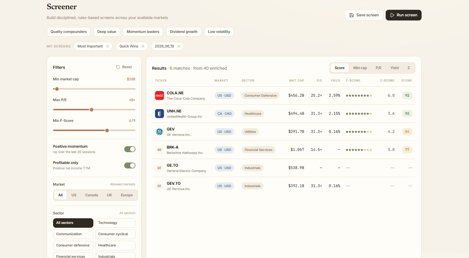 Screener — filter 4,200+ equities by valuation, F-Score and momentum